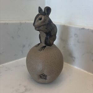 Poole Pottery England Stoneware Figure Mouse Sitting on Apple Signed Animal Mice